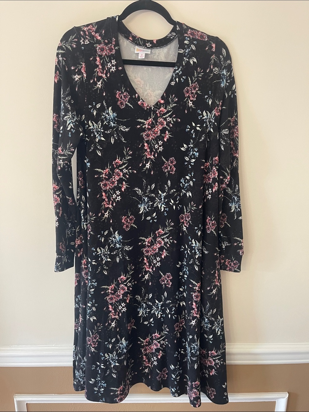 LuLaRoe Black Floral V-Neck Long Sleeve Dress with Pink & Light Blue Blooms